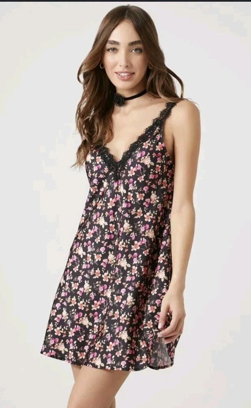 Forever 21 Small Floral Lace Trim Slip Mini Dress in Black Multi #673